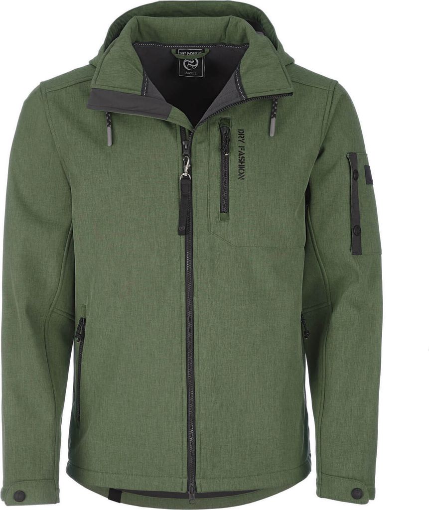 Dry Fashion Herren Softshelljacke Wangerooge mit Fleece-Innenfutter - Melierte Jacke mit abnehmbarer Kapuze in Oliv Melange in Größe 4XL