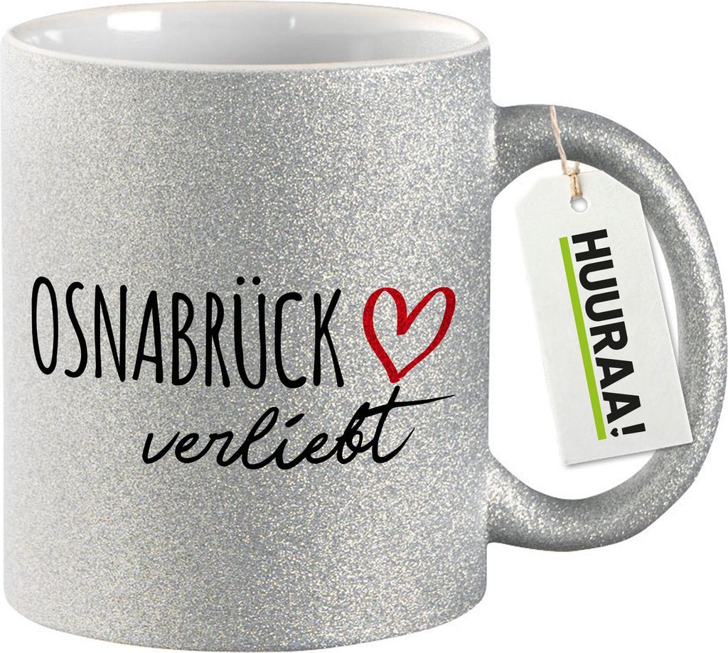 Huuraa Glitzertasse Osnabrück verliebt 330ml Silber Keramik Kaffeebecher Geschenkidee
