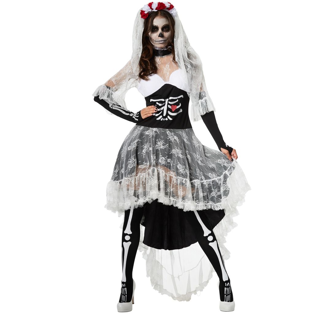 KOSTÜM SKELETT FRAU Damen Kleid Halloween Tod Karneval Fasching 34 36 38 40 42 4 