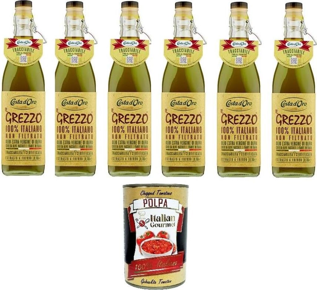 Costa d'Oro Il Grezzo Olio extra vergione di oliva, Extra Natives Olivenöl - Ungefiltertes & Kaltgepresstes 6x 750ml + Italian Gourmet polpa 400g
