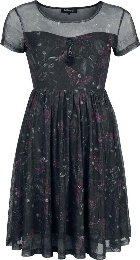 Gothicana by EMP Damen schwarzes kurzes Kleid mit Allover Print und Pentagrammanhänger M