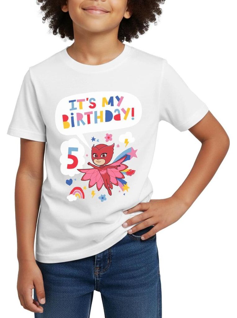 Spreadshirt PJ Masks Eulette Geburtstags Design 5. Geburtstag Kinder T-Shirt, 110/116 (5-6 Jahre), Weiß