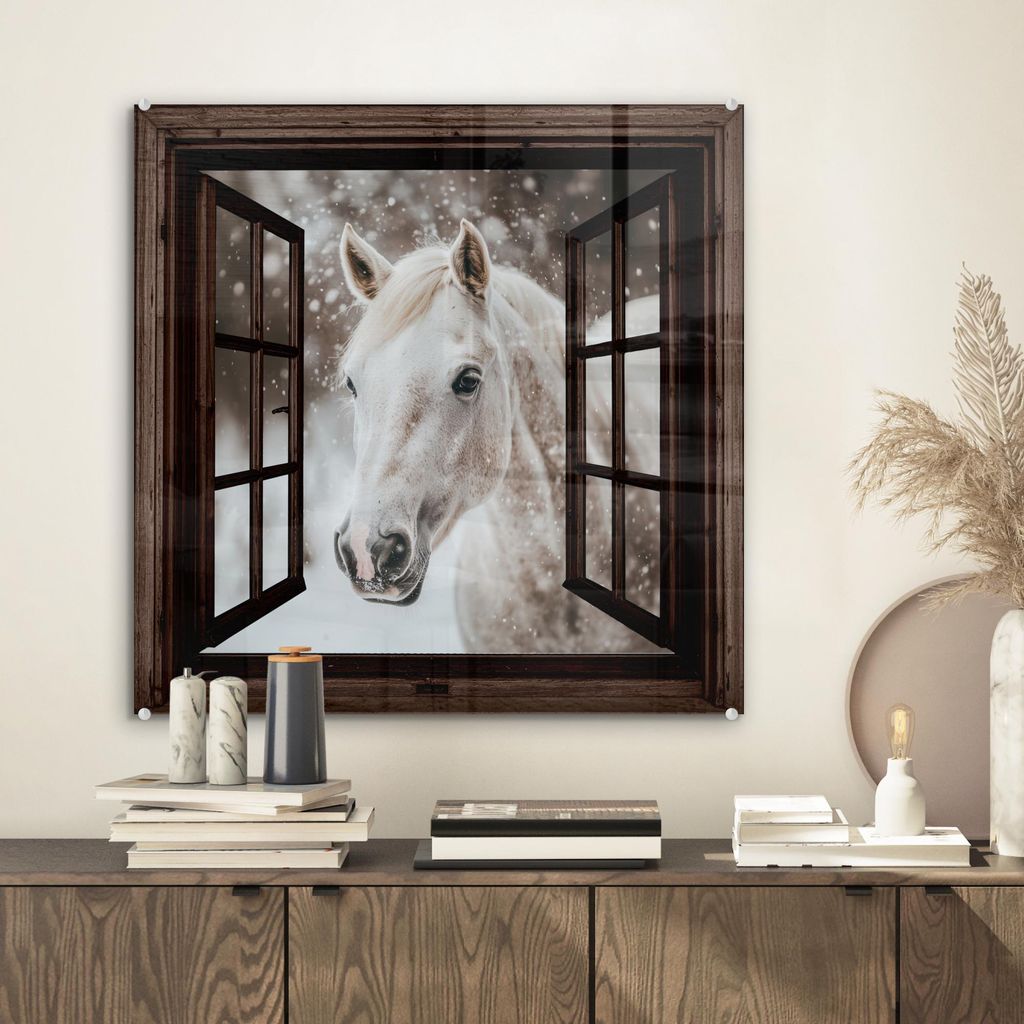 MuchoWow Glasbilder - Bilder auf Wandbild - Foto auf Glas Durchsichtig - Pferd - Weiß - Winterlandschaft - Schnee 50x50 cm Wanddekoration aus Glas...