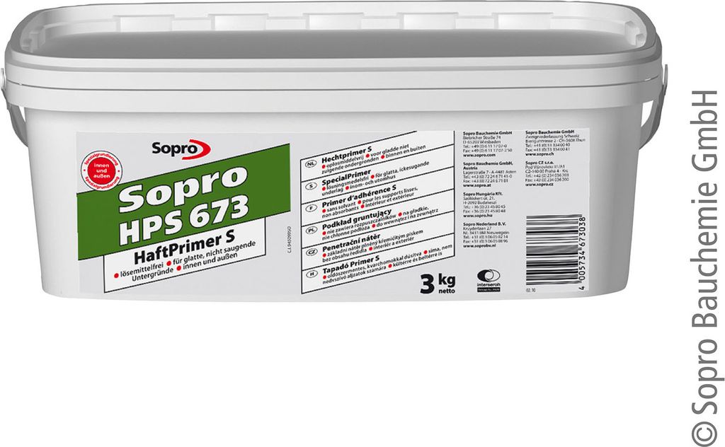 A white plastic tub of Sopro HaftPrimer S HPS 673, a type of primer.