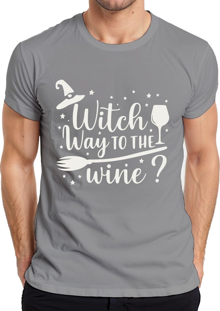Witch way to the wine Lustiger Halloween Hexe Geschenk Weinliebhaber Herren T-Shirt, Grau, L