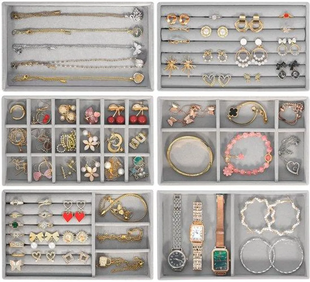 Boîte à bijoux sans couvercle grise en velours 6 cases anti-nœuds