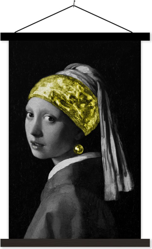 MuchoWow Textilposter Mädchen mit einem Perlenohrring - Johannes Vermeer - Gelb 40x60 cm mit schwarzem Rahmen - Wanddekorationen