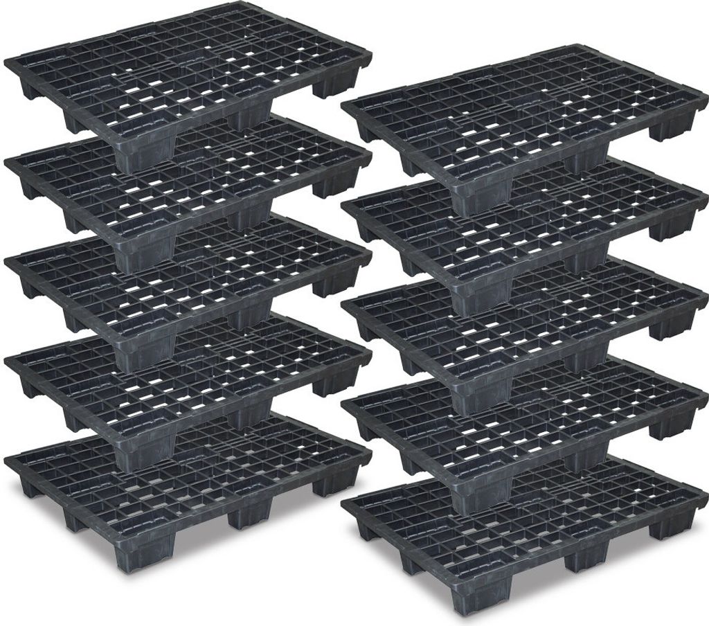 A stack of black plastic pallets.