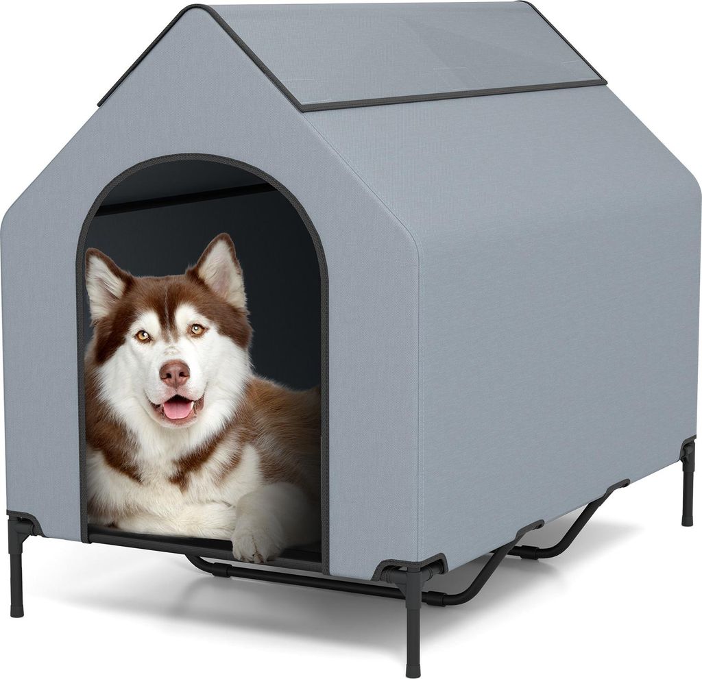 GOPLUS 2 in 1 Hundebett & erhöhte Hundehütte, Haustierbett Outdoor, wetterfestes Haustierhaus mit belüfteten Fenstern, 84 x 132 x 114 cm, Grau