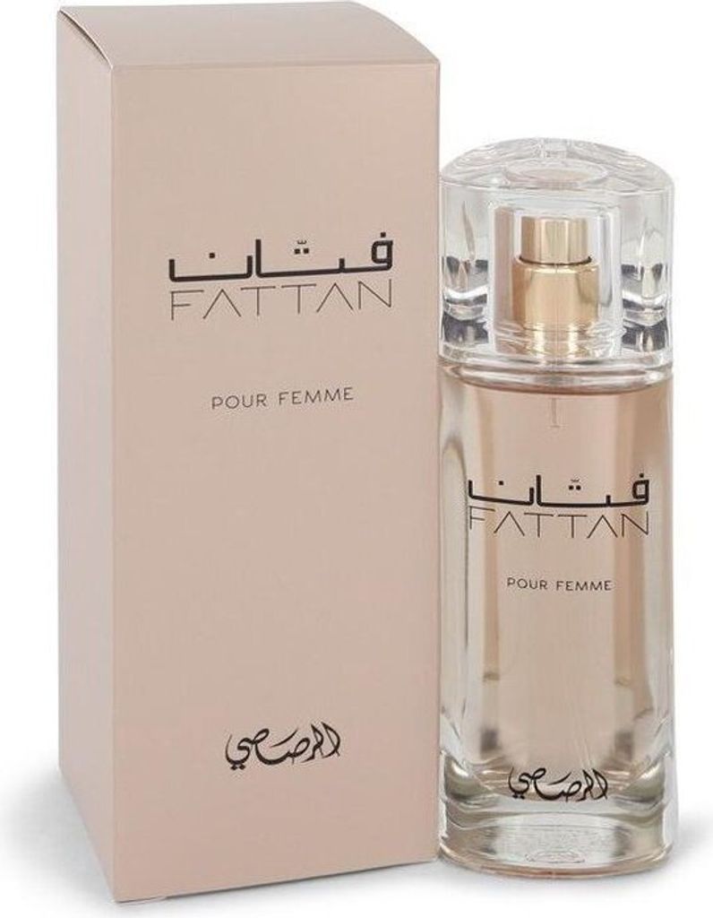 A bottle of Rasasi Fattan Pour Femme Eau de Parfum and its packaging are displayed against a white background.