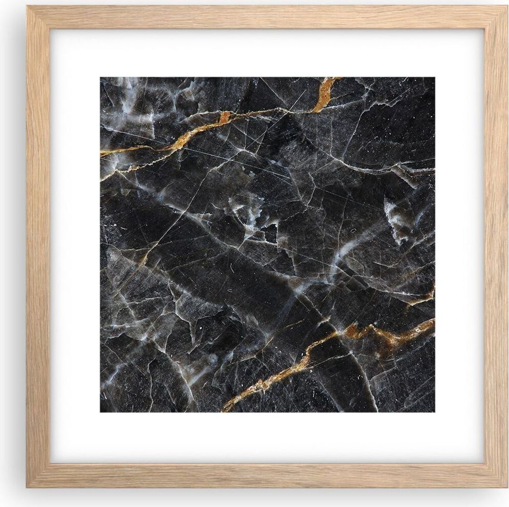 Gerahmtes Poster - Rahmen in heller Eiche - Marmor Stein Schwarz - 30x30 cm - Wand Bild - Wanddeko - Wandbilder - Kunstposter - Wandposter - Bilder...