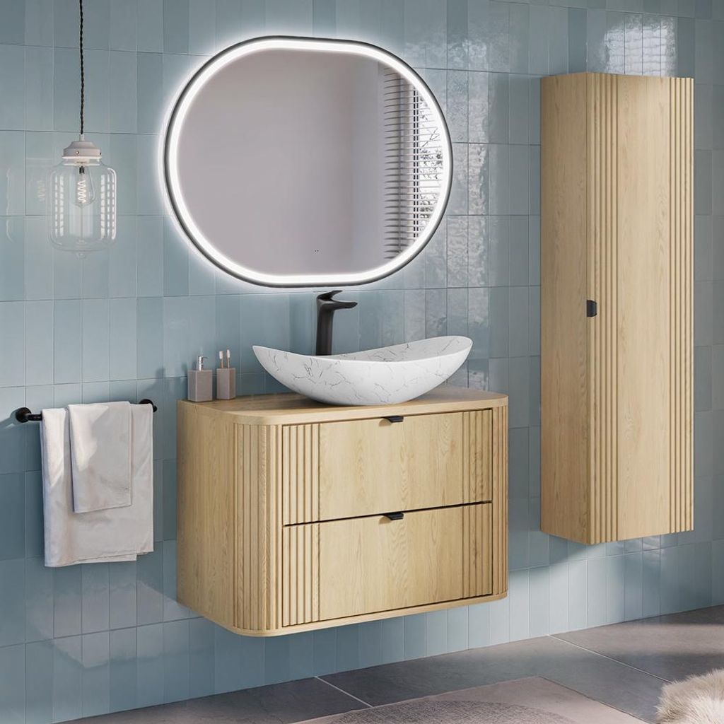 Badmöbel-Set 3-teilig, Waschtisch 100 cm mit Aufsatzwaschbecken, LED Spiegel & Hochschrank in Eiche, gerillt - OLIVA-56
