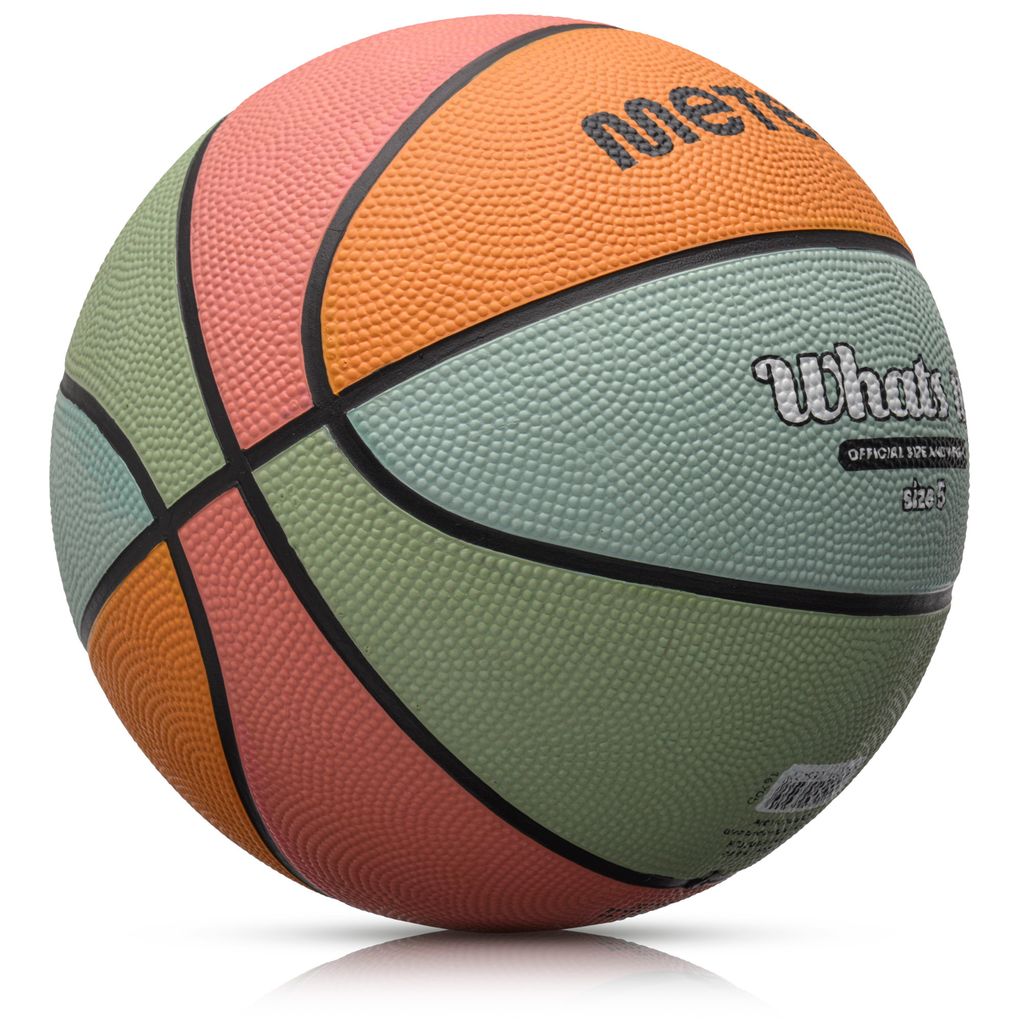 A colorful basketball with text on it, isolated on a white background.