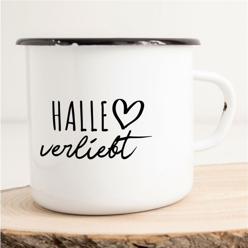 Huuraa Emaille Tasse Halle (Westf.) Geschenk Kaffeebecher Vintage 300ml Halle (Westf.) Präsent