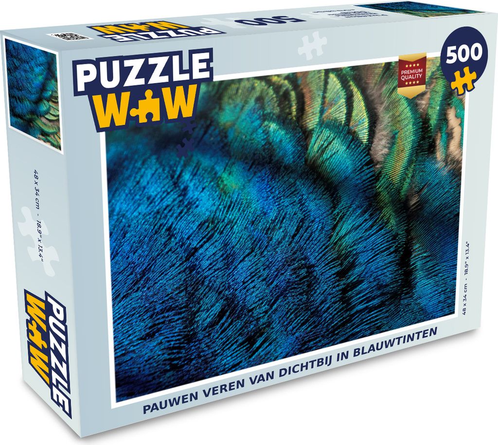 MuchoWow Puzzle 500 Teile Pfauenfedern aus der Nähe in Blautönen - 500 Teile - Kinder - Selberbauen - Puzzlespiele