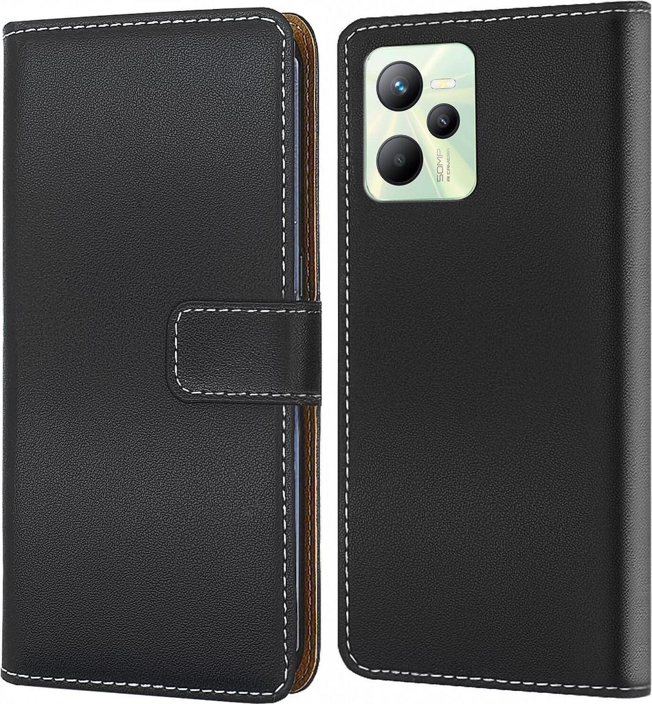 A black flip-style phone case is shown, with the phone inside on the right side. The phone has a distinctive camera module.