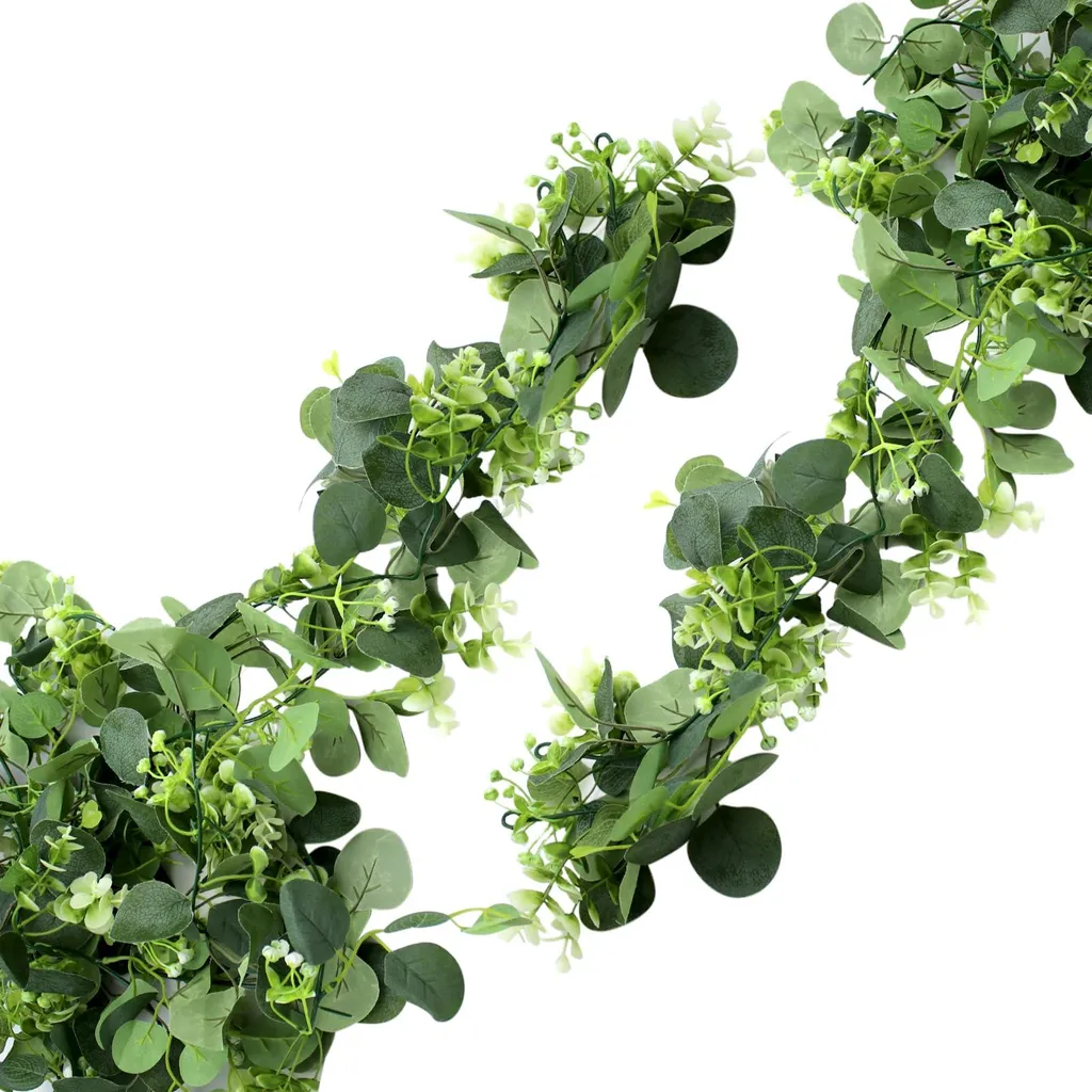Guirlande d'eucalyptus avec fleurs blanches 1,8m résistante UV