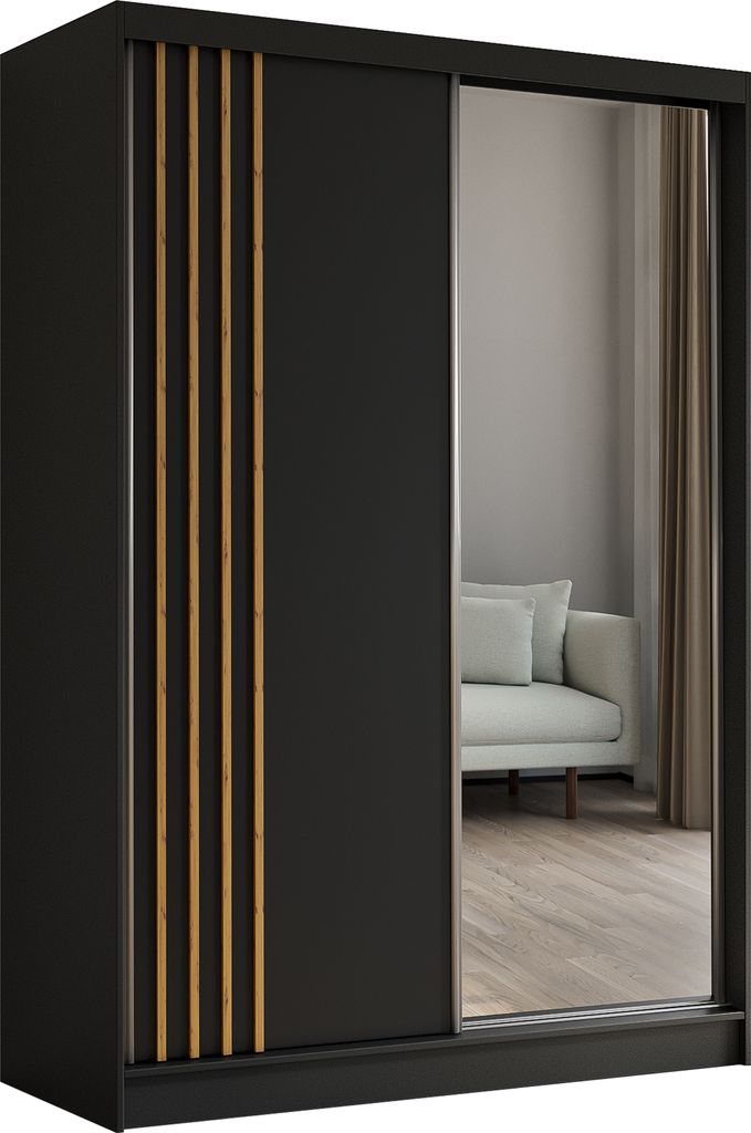 150 cm Kleiderschrank Neli mit Lamellen und Spiegel inklusive 2 Schiebetüren Schwebetürenschrank (Farbe: schwarz, schwarz, Lamelle Artisan)