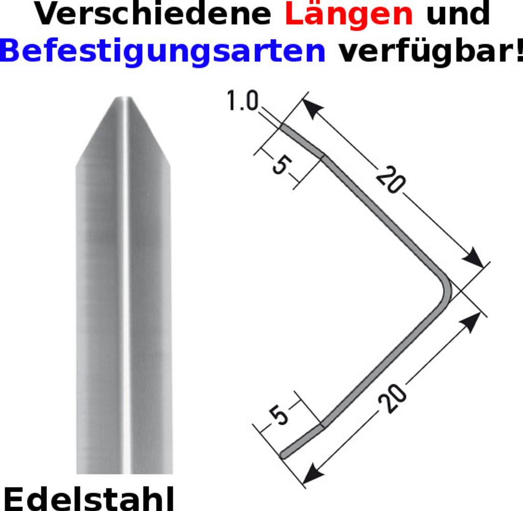 Eckschutzwinkel "Isora" 20 x 20 mm aus mattem Edelstahl, dreifach gekantet, selbstklebend oder ungebohrt-1250-selbstklebend