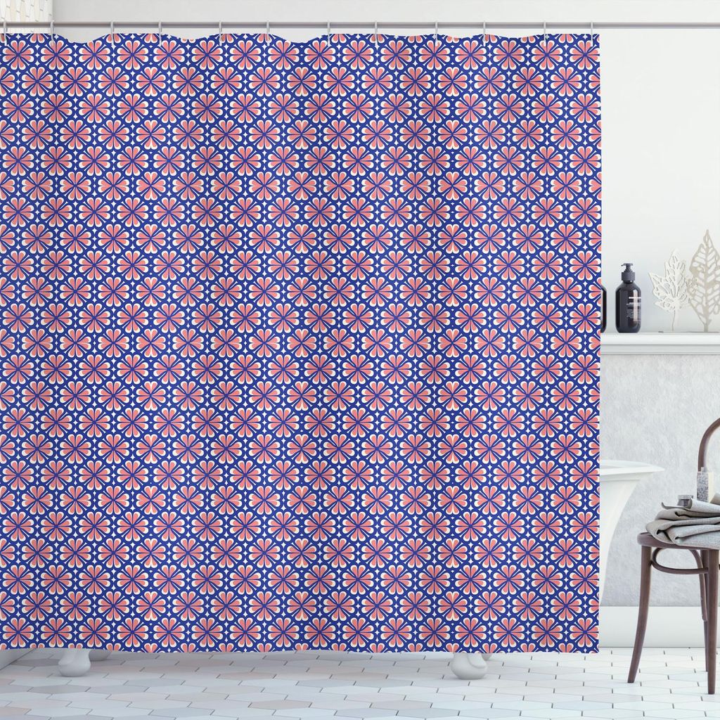 ABAKUHAUS Retro Duschvorhang, Kontinuierliche Digital generiert Muster der Blumen und Sterne Nostalgic Petals, 175 x 180 cm, Indigo Cora Weiss