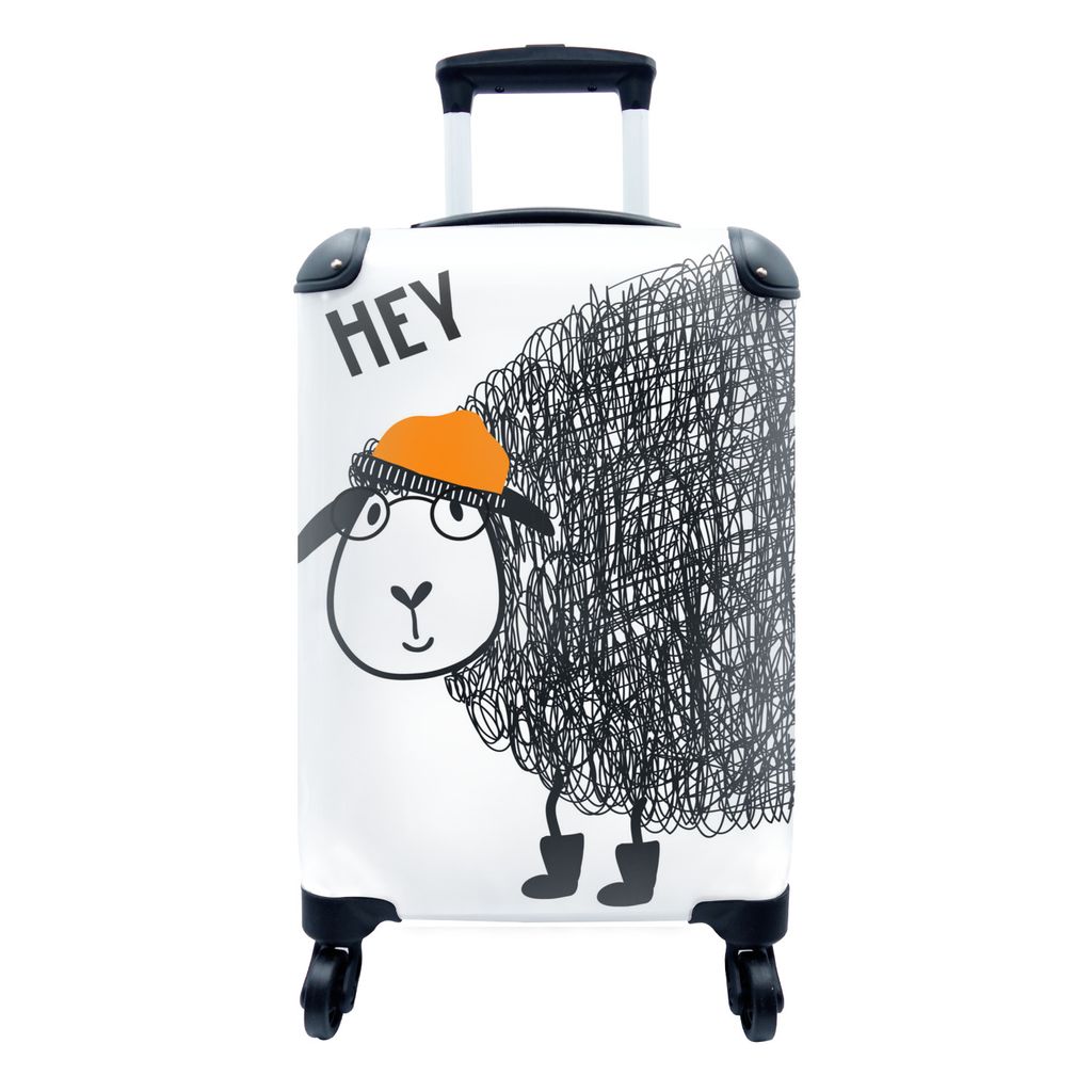 MuchoWow Koffer Handgepäck Trolley Rollkoffer Kleine Reisekoffer mit 4 Rollen - Illustration für Kinder mit dem Zitat 'Hey' und einem Schaf - C...