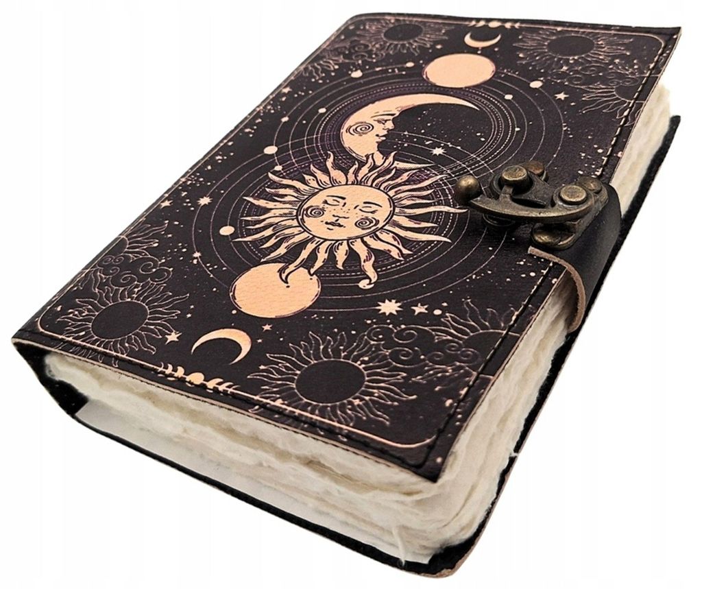 Cahier en cuir vintage, motif Soleil et Lune, 200 pages, Image du produit 