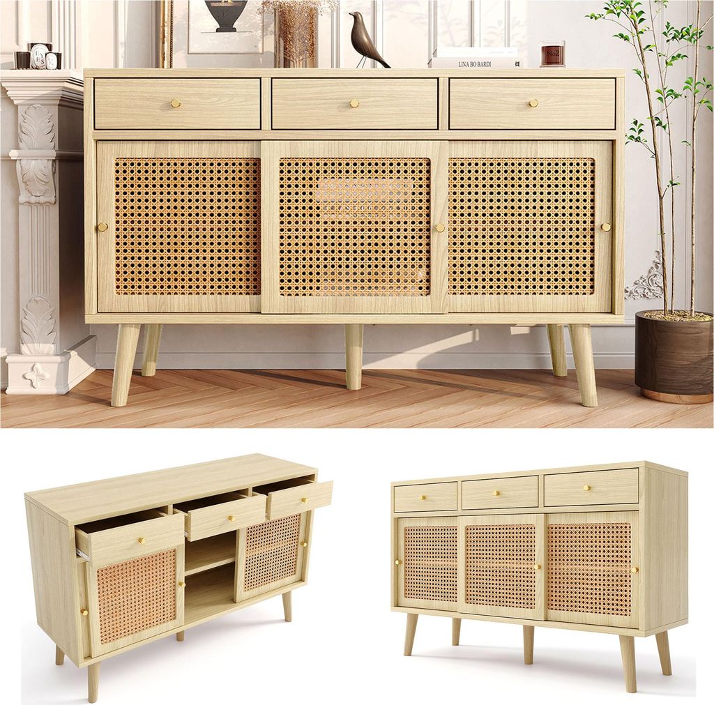 Fortuna Lai Sideboard, Kommode mit 3 Schubladen und 3 Schiebetüren, Rattangeflecht auf den Türfronten, Beine aus massivem Holz, Golden Metall Bü...