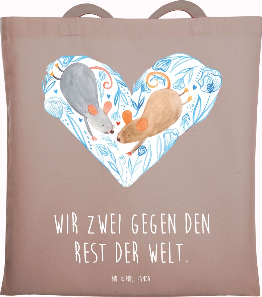 Mr. & Mrs. Panda Tote Bag Mäuse Herz - Braun Pastell - Geschenk, Love, Einkaufstasche, Jutebeutel, Freundin, Liebe, Hochzeit, Verheiratet, Laptopt...