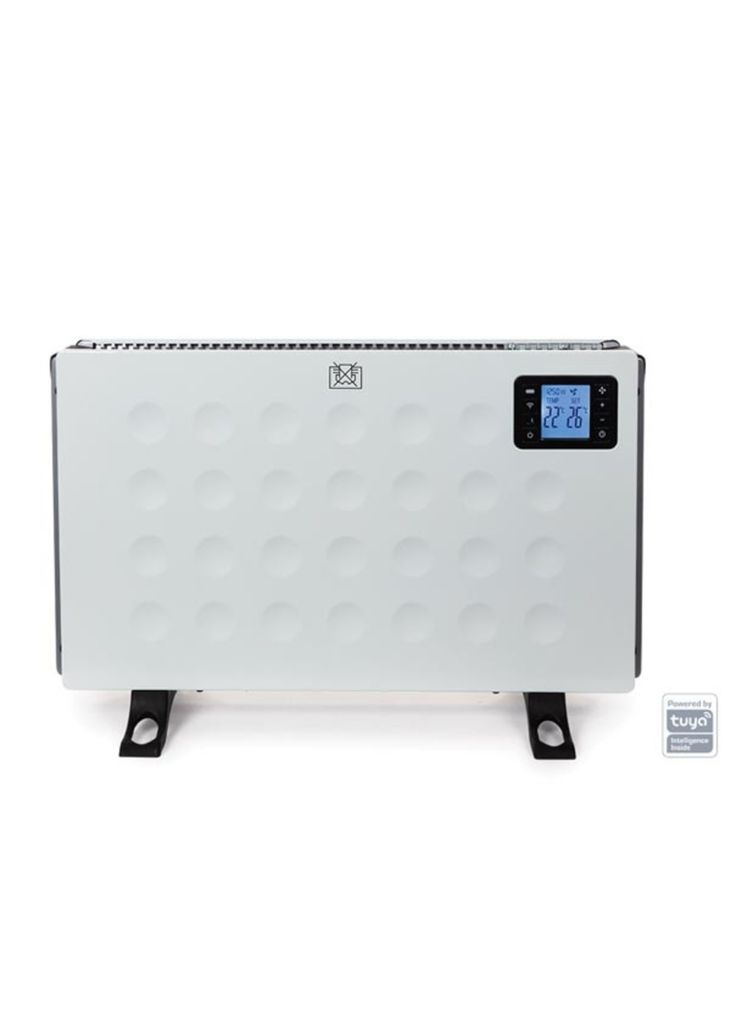 A white electric heater with a digital display, shown on a white background with its feet attached.