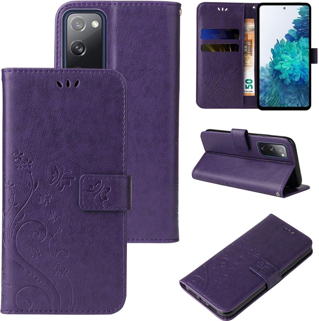 A collage of images showing a purple floral flip phone case from different angles, including its interior card slots and stand function.