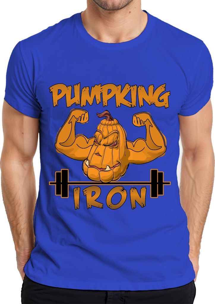PUMPKING IRON Halloween Kürbis Fitness Gewichtheben Geschenk Herren T-Shirt, Blau, L