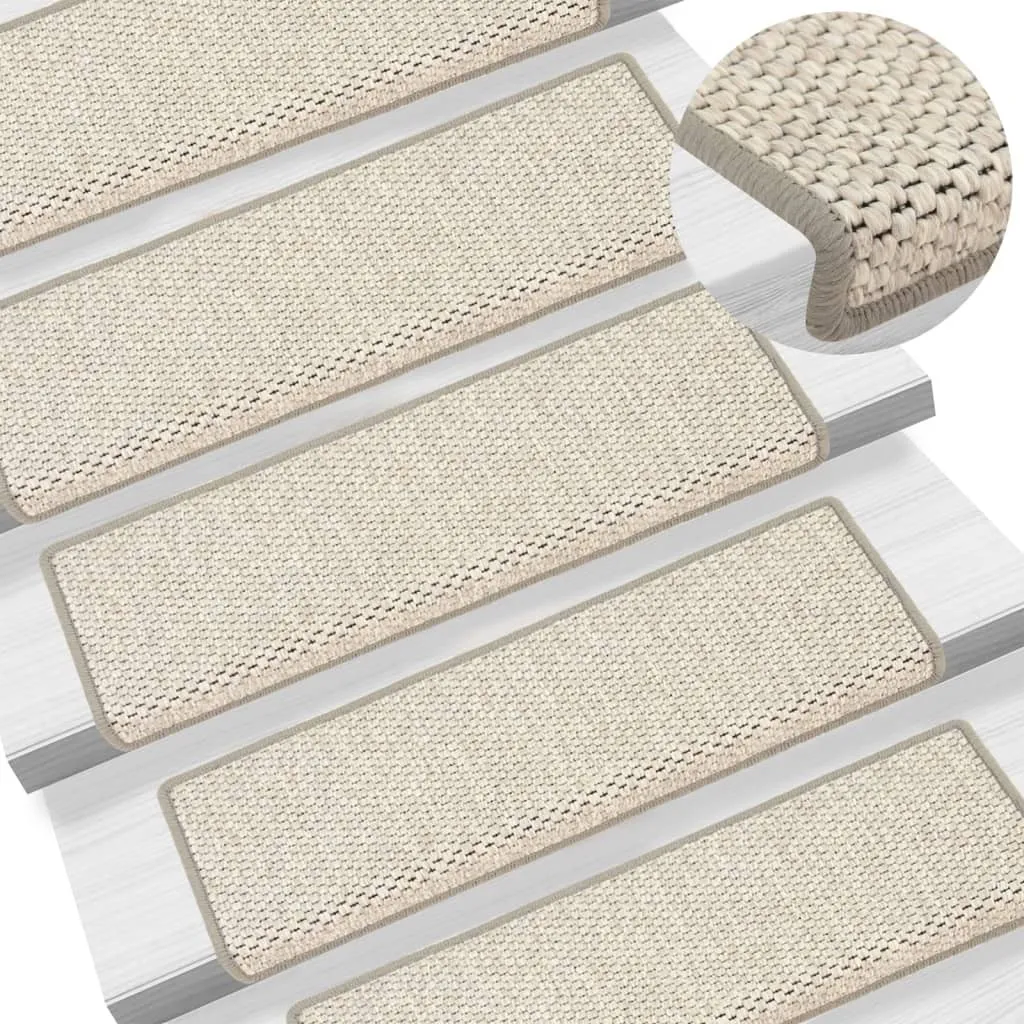 Tapis d'escalier aspect sisal beige avec bandes adhésives - 15 unités