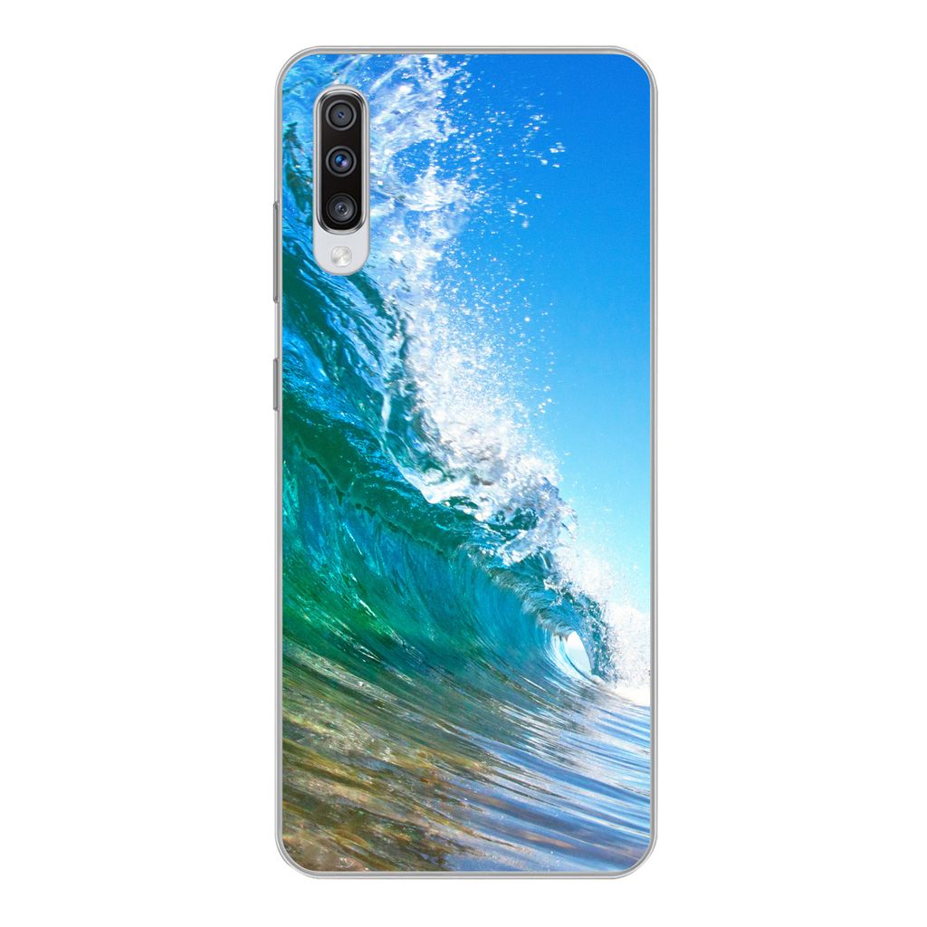 MuchoWow Handyhülle Schutzhülle Hülle für Samsung Galaxy A70 Nahaufnahme einer Welle, die sich vor der Küste von Hawaii bricht Silikon Softc...