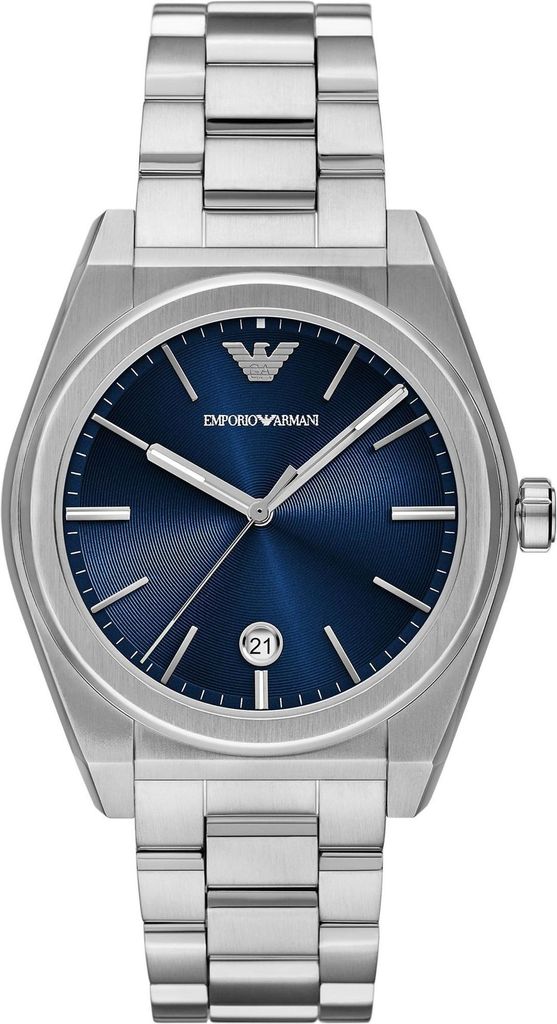 A close-up studio shot of an Emporio Armani analog watch.