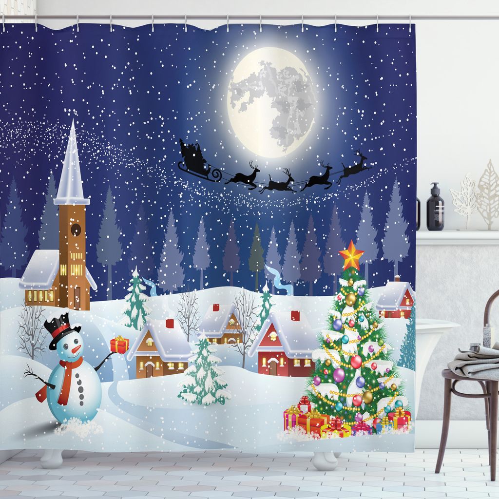 ABAKUHAUS Weihnachten Duschvorhang, Winterlandschaft, Set inkl.12 Haken aus Stoff Wasserdicht Bakterie und Schimmel Abweichent, 175 x 220 cm, Blau-...