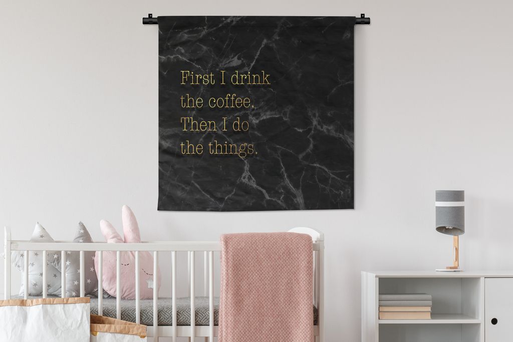 MuchoWow Wandteppich Wandbehang Zitate - Kaffee - Gold - Marmor 90x90 cm Tapisserie Dekoration Wandtuch - Wandaufhänger