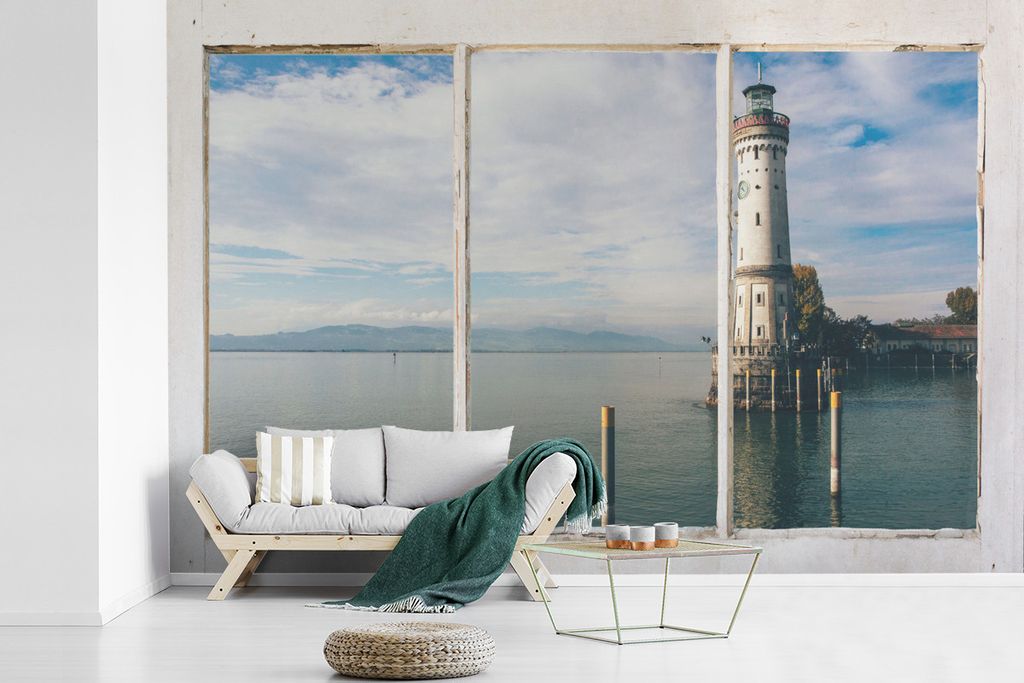 MuchoWow Fototapete für Wohnzimmer oder Schlafzimmer Wandtapete Vinyl Motivtapete Aussicht - Leuchtturm - Wasser - 525x350 cm - Das Hintergrundbild