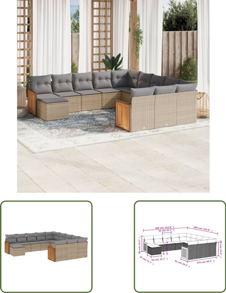 The Living Store 12-tlg. Garten-Sofagarnitur mit Kissen Beige Poly Rattan