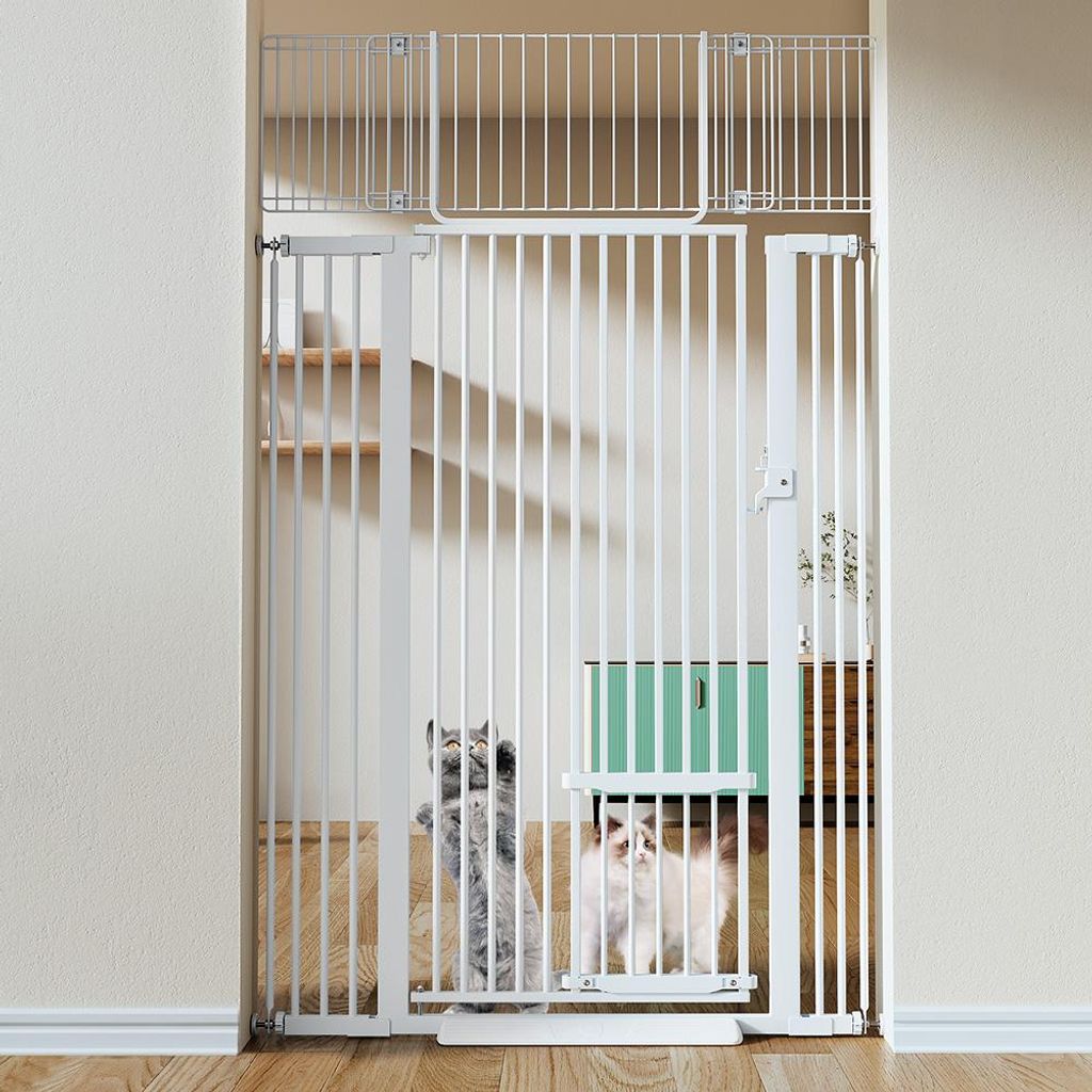 Extra hohes Katzengitter 180 cm, Breite 75-103 cm, mit Katzentür, Türschutzgitter für Hunde & Katzen, Indoor Durchgangsgitter, Weiß