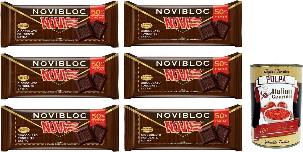 6x Novi Cioccolato Novibloc Fondente 50% Kakao,Tafel Extra Dunkle Schokolade 150g + Italian Gourmet Polpa di Pomodoro 400g Dose