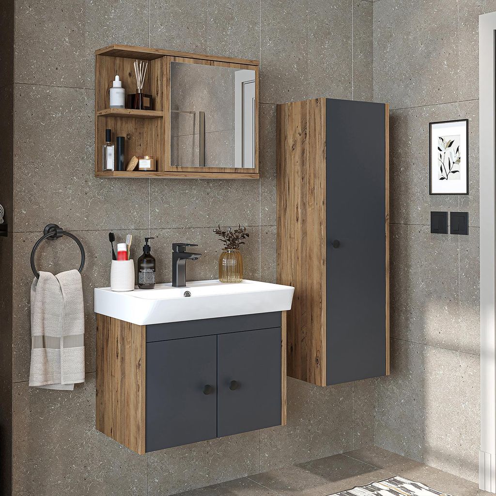 Roomart ADA Badmöbel Set– 4-teiliges Badezimmermöbel Set mit Waschbecken, Unterschrank, Spiegelschrank & Seitenschrank - H 42 x B 35 x T 60 cm...