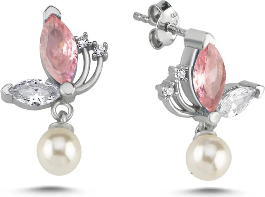 Boucles d'oreilles papillon argent 925 anti-allergie perle rose