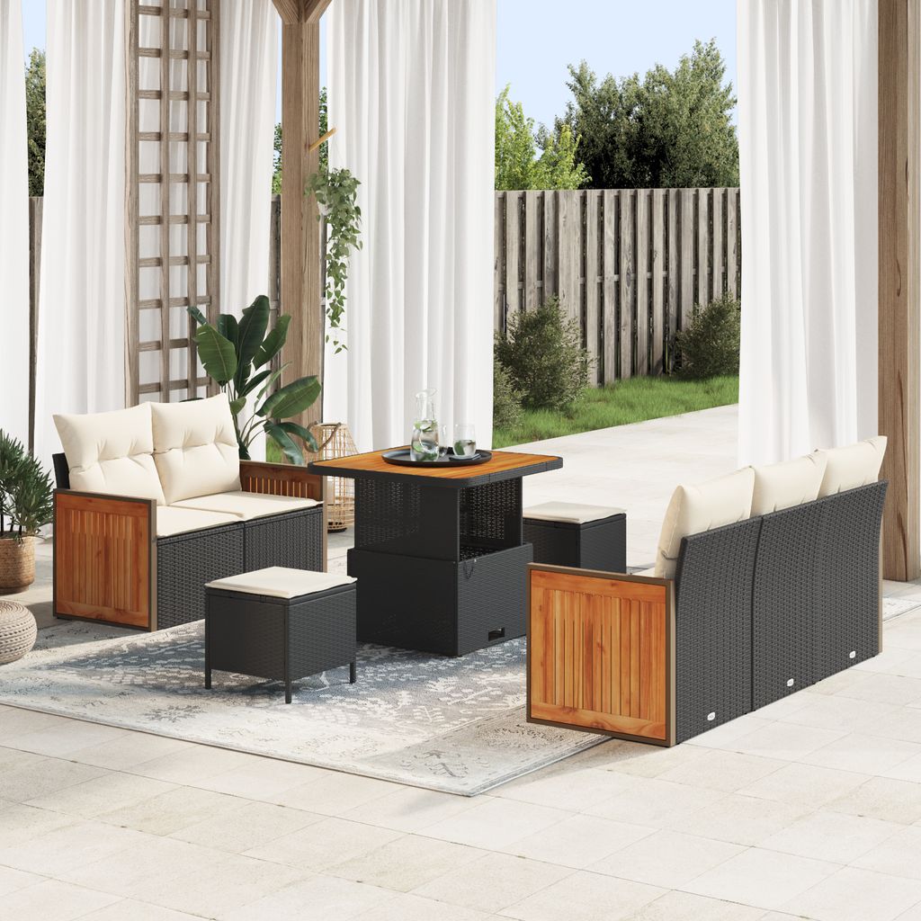 8-teiliges Garten Sofa Set mit Kissen Schwarz Poly Rattan Akazie, Gartensofas DesignMöbel Neu