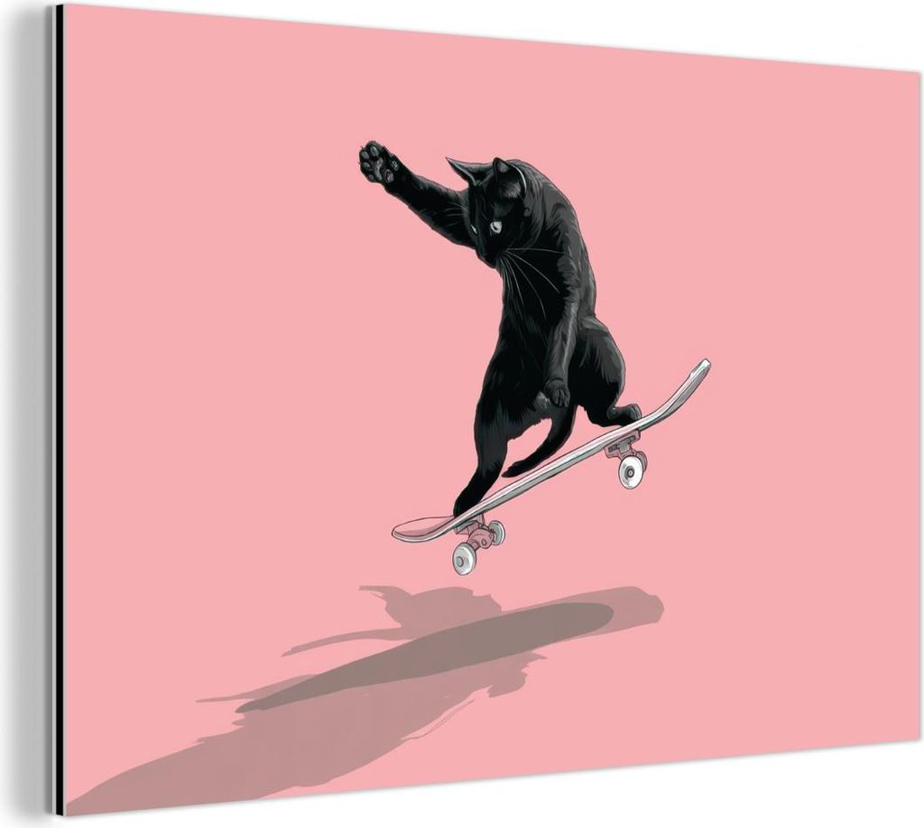 MuchoWow Wanddekoration Metall Metallbild Wandkunst 120x80 cm Katze - Skateboard - Rosa MuchoWow Aluminium Gemälde - Alu Bild