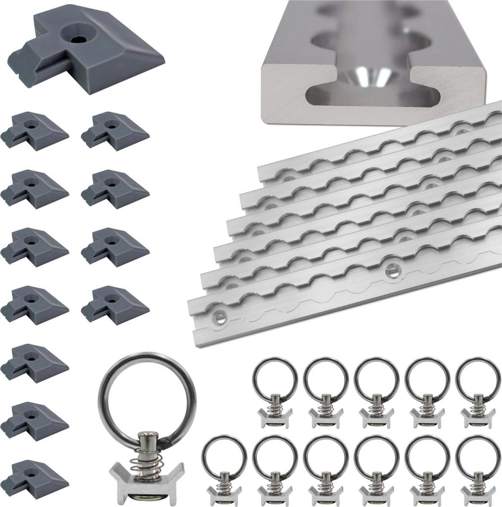 Airlineschienen Zurrschienen SET 6x 2,0m Alu eckig mit 12 Zurrösen und 12 Endkappen Schiene silber eloxiert