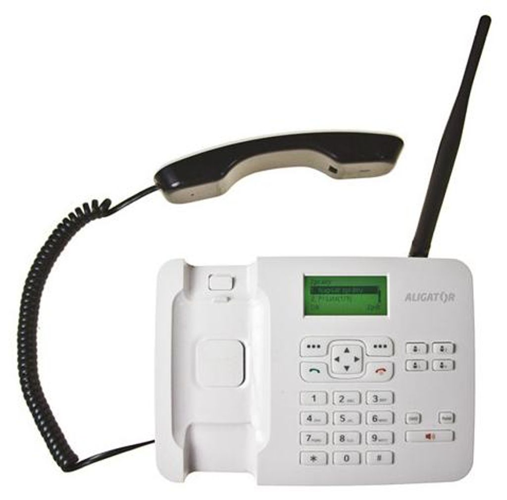A white cordless phone with a black handset and an antenna, shown against a white background.