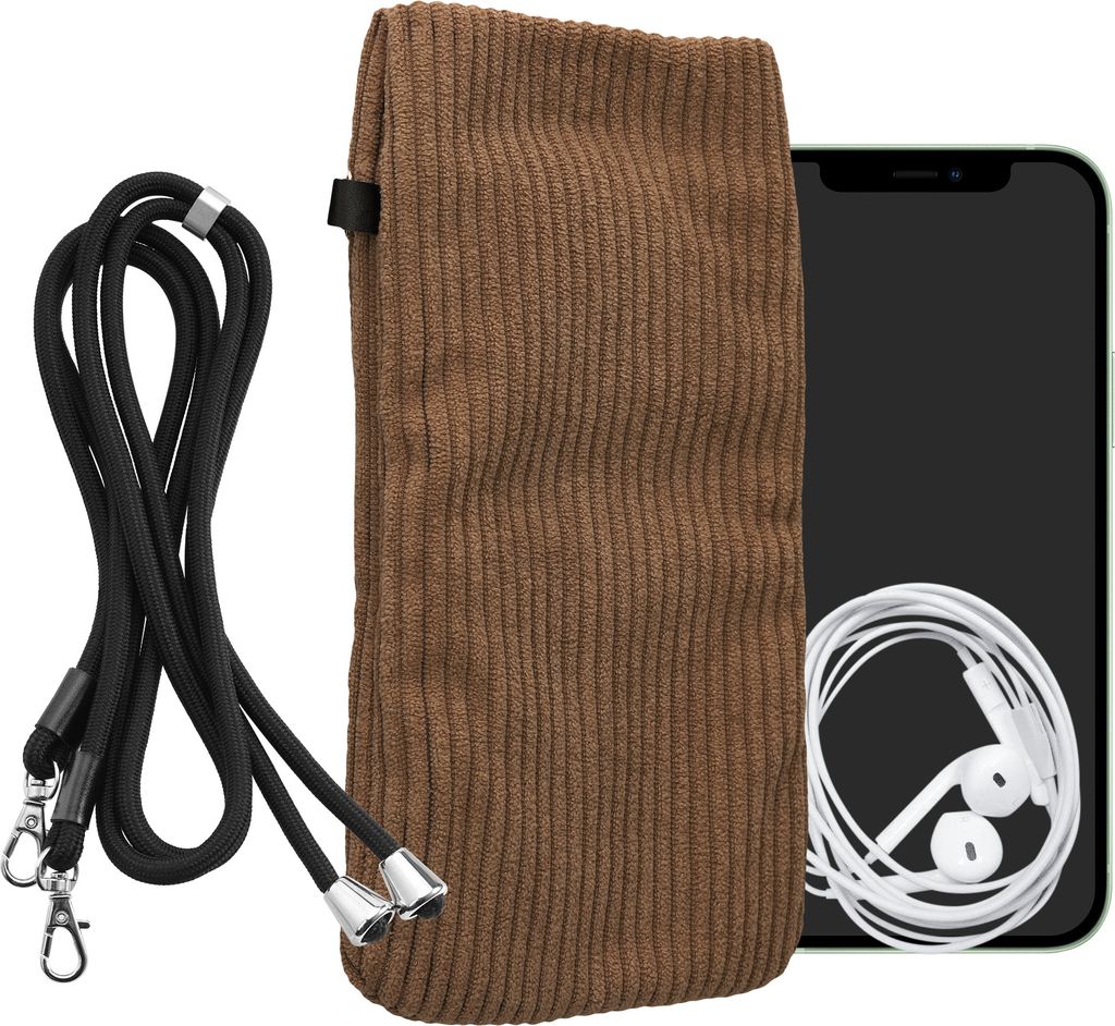 kwmobile Handytasche für Smartphones XXL - 7" Handy Tasche - Cord Handy Hülle Braun mit Kordel - Tasche mit Handykette 17,7 x 9 cm Innenmaße