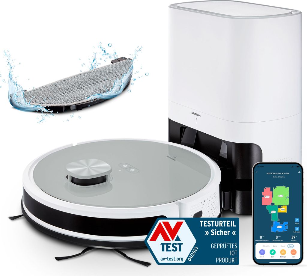 A collage of a robot vacuum cleaner, its charging station, a mopping attachment, and a smartphone displaying the robot's app interface.