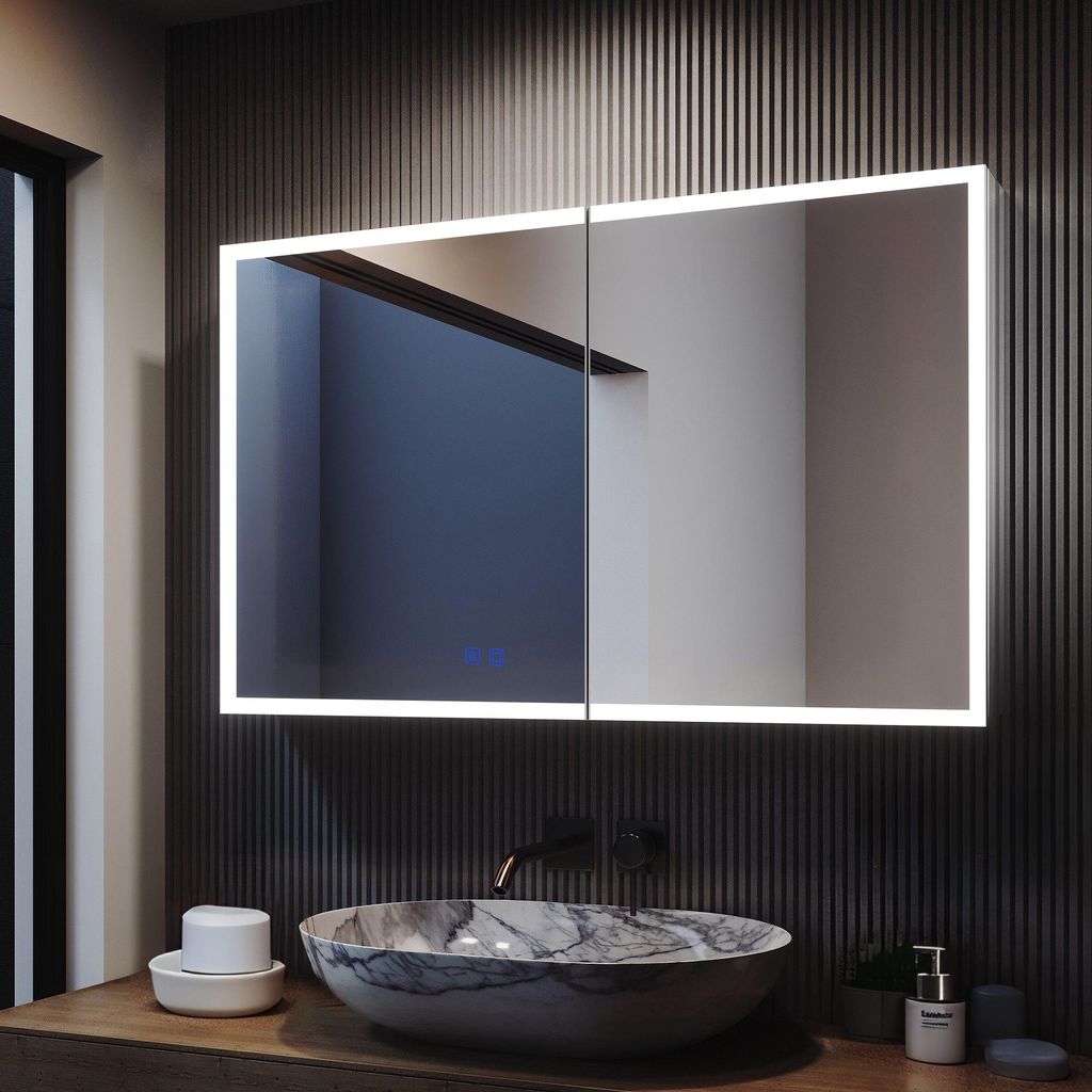 Spiegelschrank, Badezimmerschrank mit Spiegel, (80 x 60 x 14.5 cm), Badezimmerspiegelschrank aus Edelstahl-Metall, 2-türiger Badezimmerschrank...