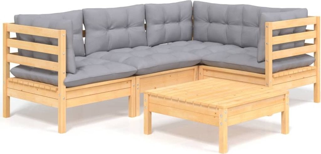 vidaXL 5-tlg. Garten-Lounge-Set mit Grauen Kissen Kiefernholz